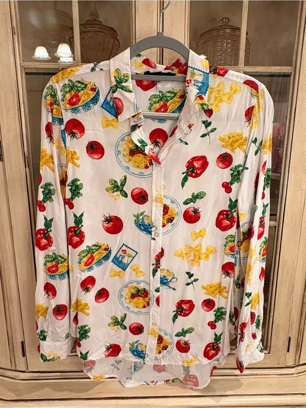 Women's White Button-Up Blouse with Red Tomato & Yellow Pasta Print